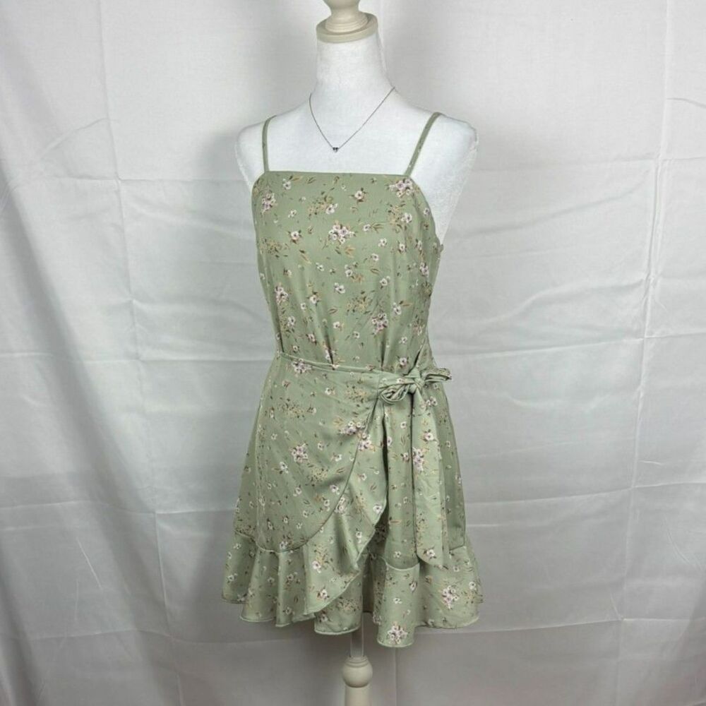 Altar'd State Floral Ruffle Mini Green Wrap Dress - S